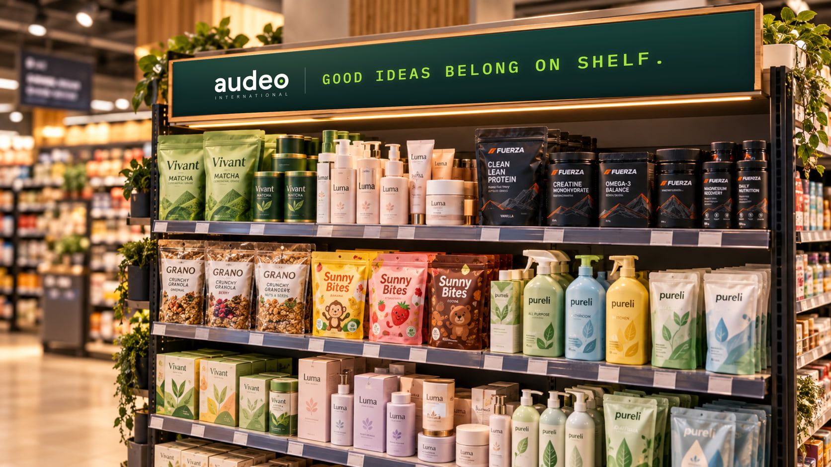 Regál v supermarketu s produkty a cedulí Good ideas belong on shelf