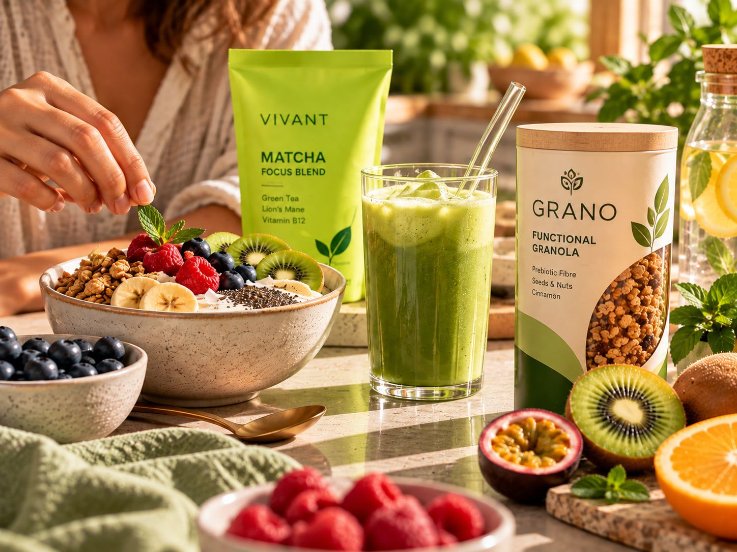 Snídaňová miska s ovocem, matcha nápoj a funkční granola